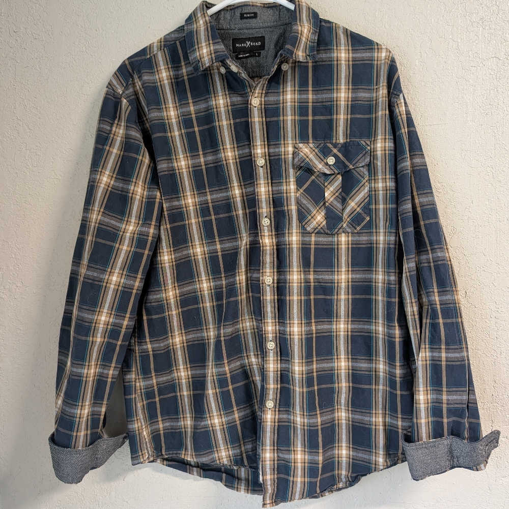 Marc Ecko Men's L Navy Brown Plaid Shirt Cabin Gorpcore Slim Fit Utility Woodsy